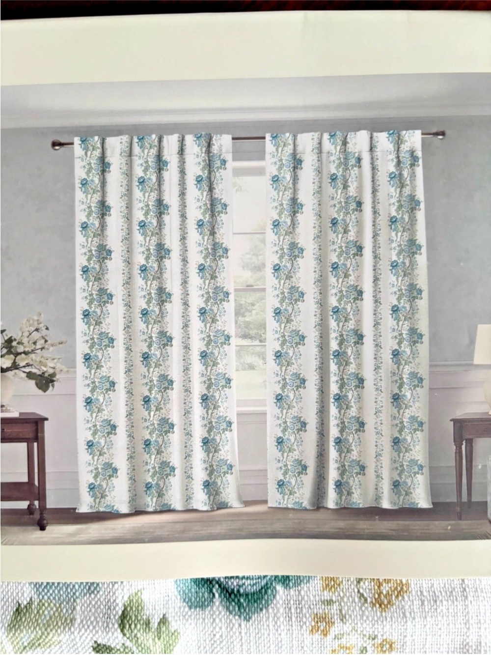 NWT Sanderson 2 pc Window Curtain Panels Hykenham Floral Blue Cotton 96" long